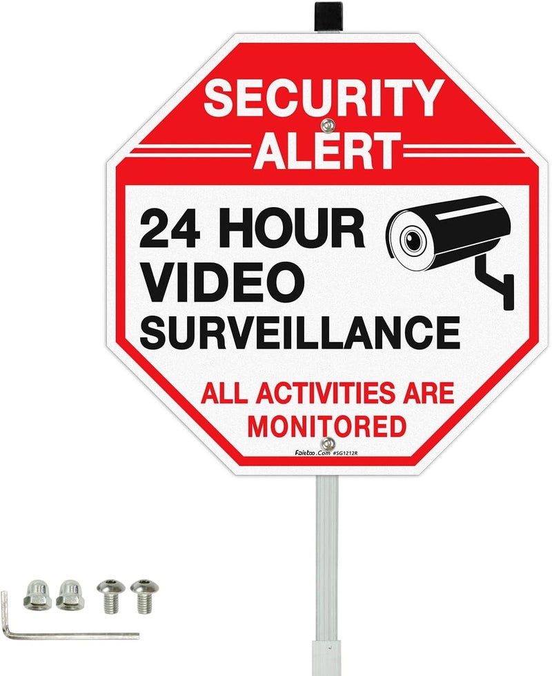 Faittoo Security Sign Video Surveillance Sign with 36" Stake for Outside, 12"x12" Rust Free Heavy Aluminum, Reflective, Fade Resistant, 2 pre-drilled holes, Includes Matching Screws & Wrench - Image 1